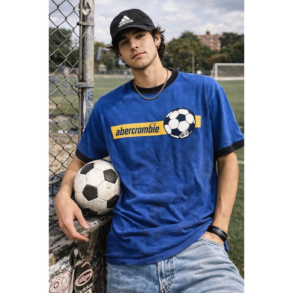 Abercrombie Ringer Tee M Blue Soccer Graphic Y2K Vintage Style Shirt‎